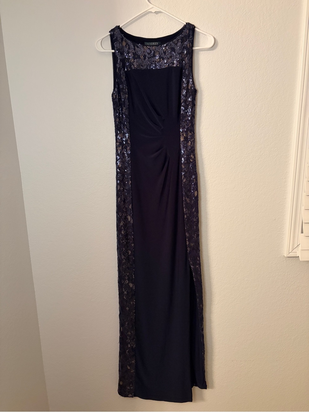 RALPH LAUREN Navy Blue Formal Evening Dress Sz 4 with Sequin Lace Overlay